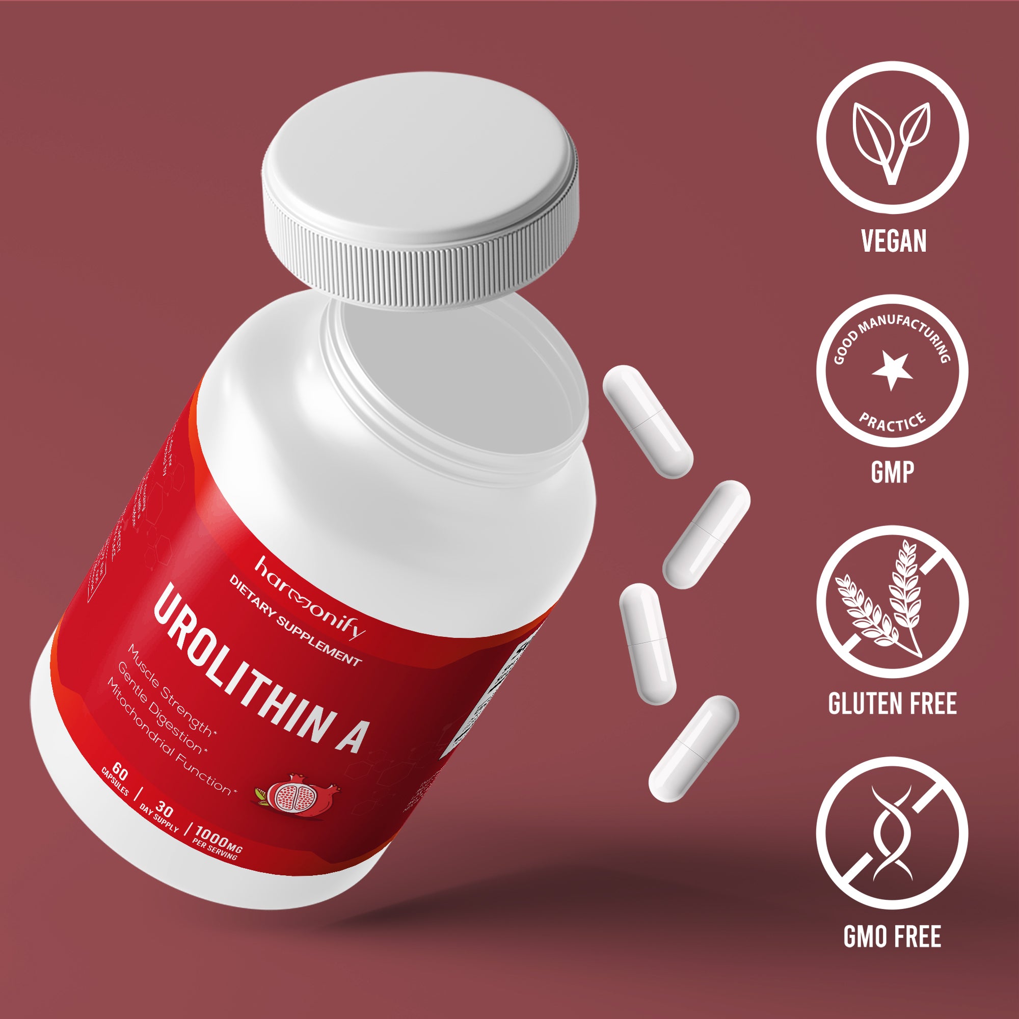 HARMONIFY Urolithin A Pro Capsules, 1000 mg, Pomegranate Extract, 60 Vegan Capsules, Non-GMO, Gluten-Free